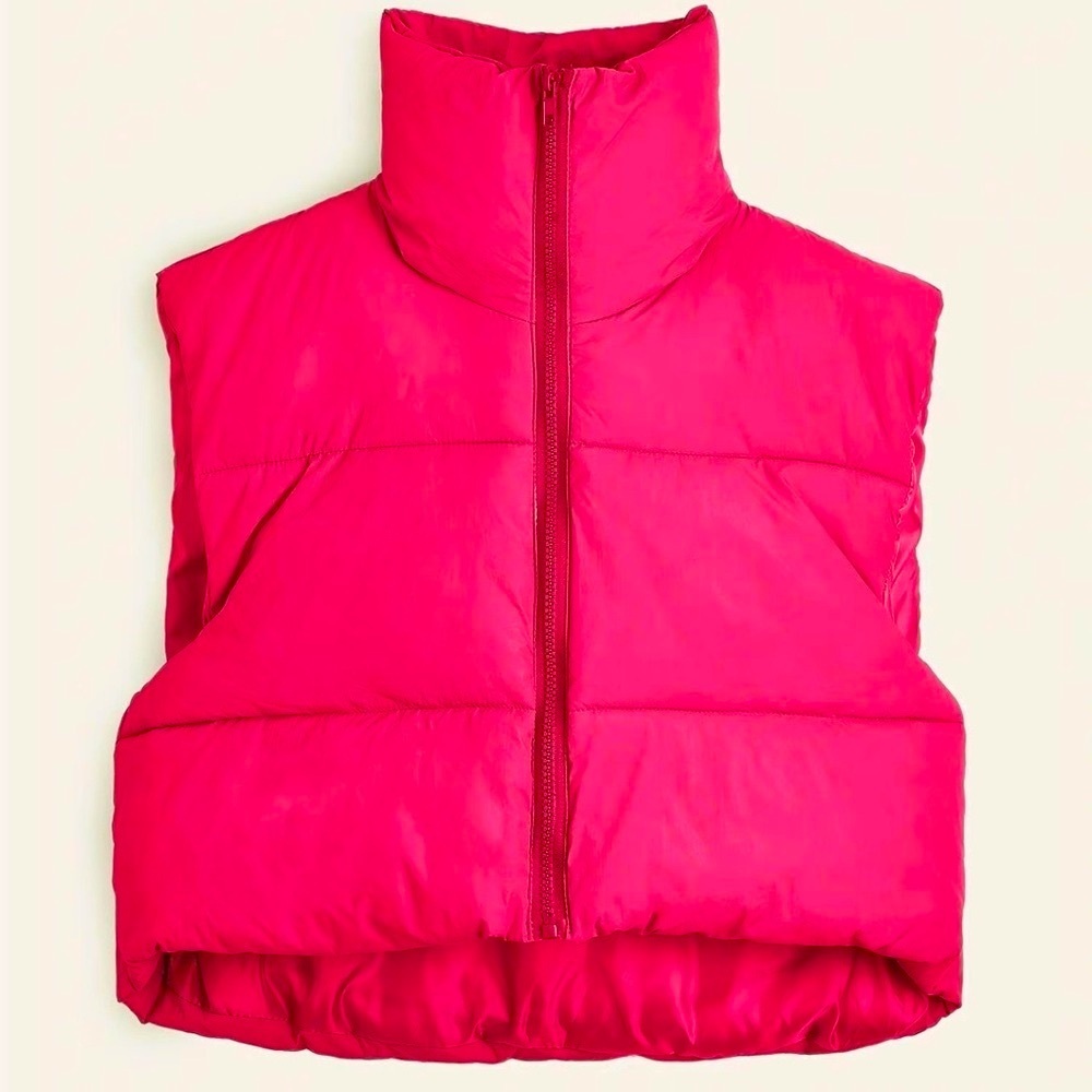 NWOT Bright Hot Pink Drawstring Waist Cropped Puff Neck Zipper Puffer Vest XL